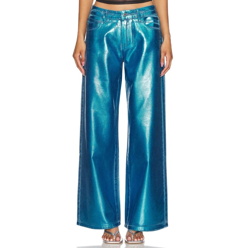 Superdown Kiara Metallic Blue Wide Leg Jeans Y2K Cybercore Futuristic Festival